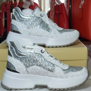 Michael Kors Muse Metallic Logo Trainer In Silver Multi Size   7M